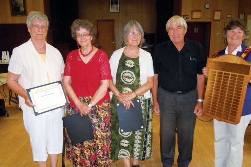 Seniors of the year Doris Campsall, Sarah Hale, Sally Angle, Art Barker with Mayor Janet Gutowski